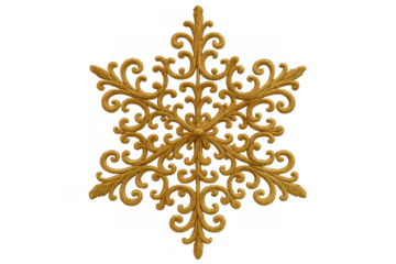 Golden ornate filigree style snowflake ornament creating an intricate decorative christmas and winter symbol on transparent background