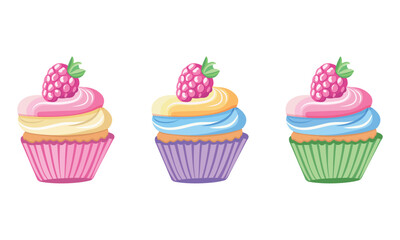 Delicious colorful fruit cupcakes isolated on white background. Vector illustration in flat cartoon style