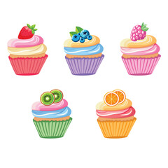 Delicious colorful fruit cupcakes isolated on white background. Vector illustration in flat cartoon style