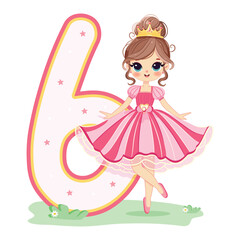 Cute princess in a pink dress and number 6 on white background. Happy Birthday concept. For Greeting Card or Invitation. Vector illustration in flat cartoon style