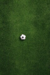 Obraz premium A single soccer ball rests centrally on a lush green field, viewed from directly overhead, showcasing the ball's detail and the grass's texture. The perspective is minimalistic and clean