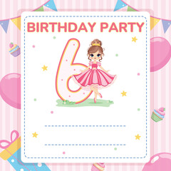 Invitation for Happy Birthday party with cute princess. Template, Poster, Banner, Flyer, Greeting Card. Vector illustration in flat cartoon style.
