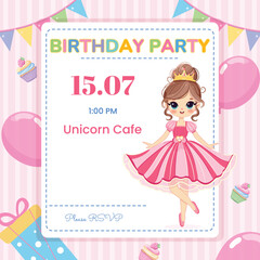 Invitation for Happy Birthday party with cute princess. Template, Poster, Banner, Flyer, Greeting Card. Vector illustration in flat cartoon style.