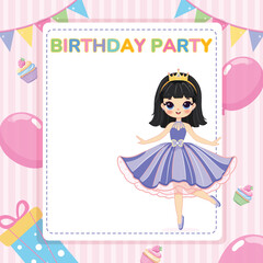 Invitation for Happy Birthday party with cute princess. Template, Poster, Banner, Flyer, Greeting Card. Vector illustration in flat cartoon style.