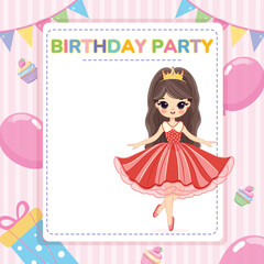 Invitation for Happy Birthday party with cute princess. Template, Poster, Banner, Flyer, Greeting Card. Vector illustration in flat cartoon style.