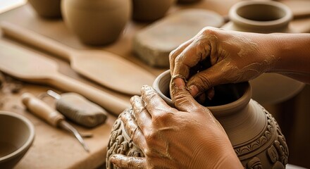 Maya artisan hands delicately shaping raw clay into a beautiful traditional vessel, intricate patterns emerging from the ancient Mesoamerican cultural heritage craft.