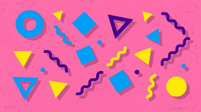 Vibrant 90s Memphis Style Abstract Geometric Shapes Background Loop.