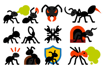 Ant Defense Icons. Flat vector icons of ant defense strategies: ant spraying formic acid, biting mandibles, stinger ant, ant with