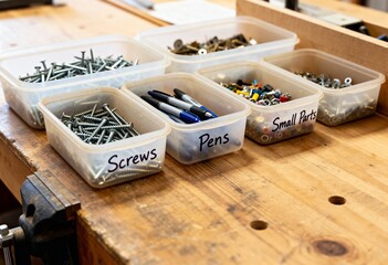 Organized Workspace with Tools and Hardware Containers