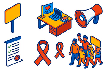 Refugee Advocacy Icons. Isometric vector illustration set Refugee Rights Advocacy: protest sign, NGO office desk, megaphone, legal