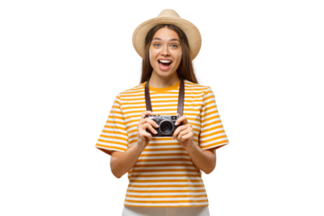 Excited young cheerful female tourist holding photo camera