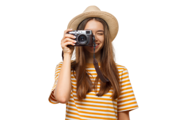 Smiling young girl tourist holding camera, female photographer