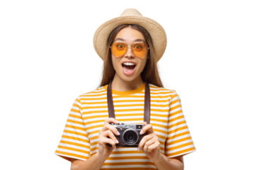 Surprised young woman tourist with camera, expressing wow emotion during summer travel