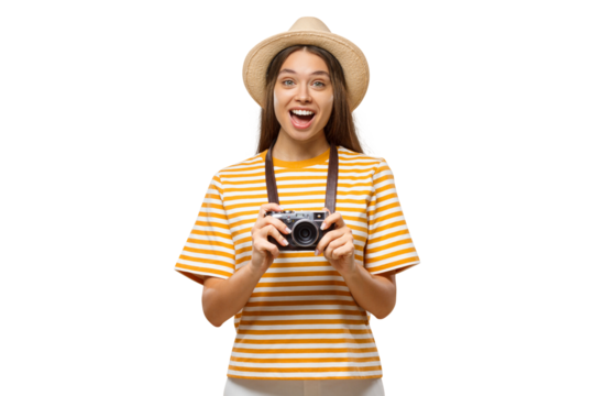 Excited young cheerful female tourist holding photo camera