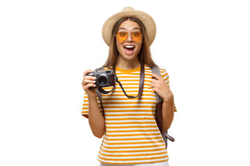 Young female student traveller holding photo camera