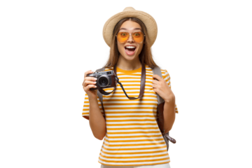 Young female student traveller holding photo camera