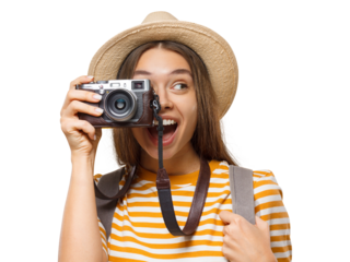 Excited young tourist taking a photo with a vintage camera, smiling with wow expression