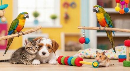 Obraz na płótnie Canvas A group of diverse pets including a puppy, kitten, hamster, and two parrots together in a playroom. The concept of unlikely animal friendship and companionship with cute domestic animals