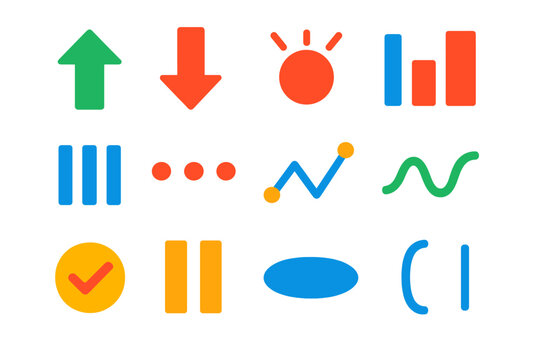 Prosody Icon Set. Flat vector icons of prosody: rising intonation arrow, falling intonation arrow, stress symbol, pitch range bar,