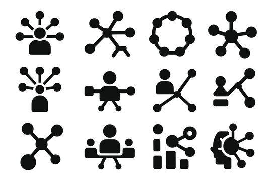 Network Centrality Icons. Solid style icons of network centrality: betweenness hub, degree node chart, closeness circle,