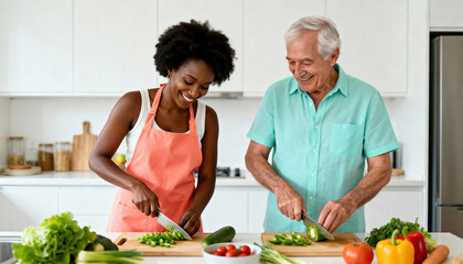 A diverse young woman and a senior man cooking together in a modern kitchen. Happy family members chopping fresh vegetables for a healthy meal. Intergenerational bonding and healthy lifestyle concept