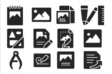Artistic Workflow Icons. Solid style icons of Artistic workflow: sketchpad, reference photo, tracing paper, pencil, ruler,