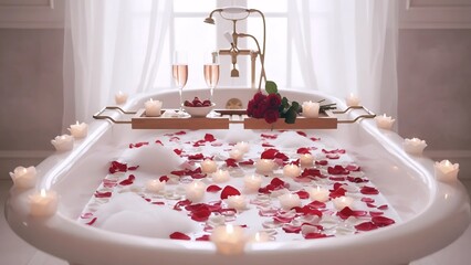 Romantic bubble bath filled with rose petals and lit candles for a luxurious spa experience.