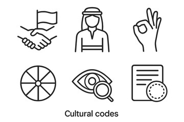 Cultural Icons Line Art. Line style icons of Cultural Codes: handshake with flag, traditional attire icon, local gesture symbol,