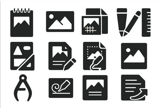 Artistic Workflow Icons. Solid style icons of Artistic workflow: sketchpad, reference photo, tracing paper, pencil, ruler,