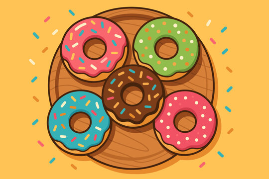 Colorful Donut Arrangement. Flat lay of colorful donuts sprinkled with vibrant toppings on a wooden plate, playful and cheerful,