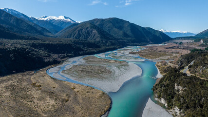 The  emerald green water in the braided Waiau river near Hanmer Springs