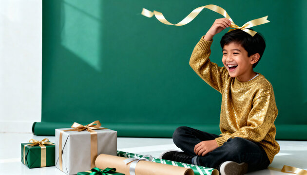 Happy Asian boy holding gold ribbon above head near Christmas gifts. Cheerful child wrapping presents in studio. Festive holiday background with copy space - Powered by Adobe