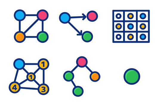 Vibrant Graph Theory Icons. Isometric vector illustration set Graph Theory: connected nodes, directed edges, adjacency matrix grid