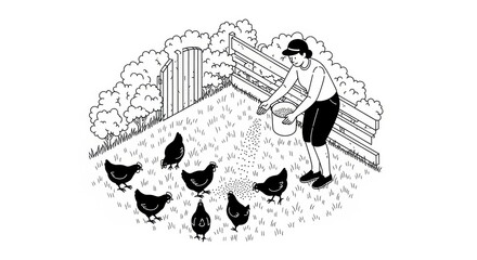 A black and white line art illustration of a person feeding chickens in a farm yard. Minimalist graphic of a farmer caring for poultry. Homesteading and agriculture concept