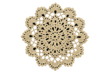 Handmade crochet doily creating a vintage lace textile pattern, ideal for decoration and craft projects, transparent background
