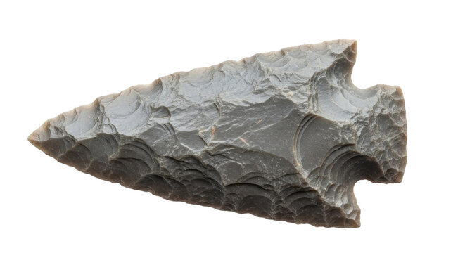 Close-up of a gray stone arrowhead, showcasing intricate flaking and sharp edges.