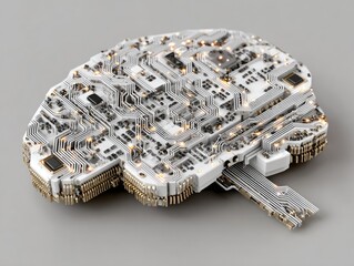Futuristic electronic brain sculpture with glowing circuits and intricate pathways