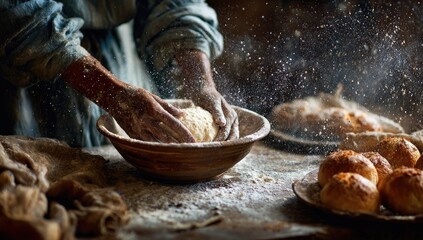 Hands knead dough in a wooden bowl, flour dusts the air, baked goods sit nearby