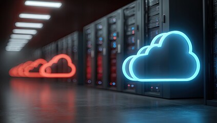 Server room with glowing cloud icons, blue and red, on datacenter racks