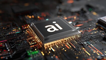 Close-up of a futuristic computer chip with "ai" glowing