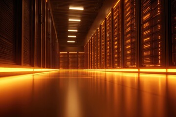 Illuminated server room with rows of glowing orange technology racks