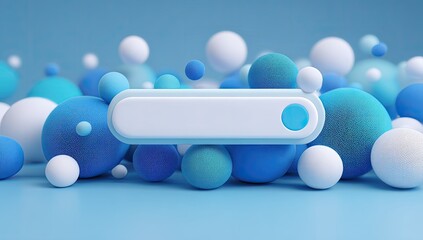 Minimalist 3D render of a blank search bar amidst blue and white spheres