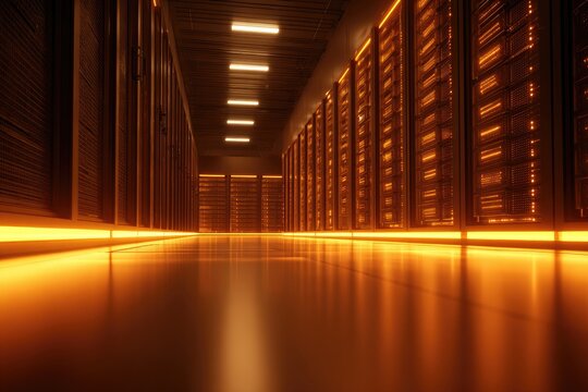 Illuminated server room with rows of glowing orange technology racks - Powered by Adobe