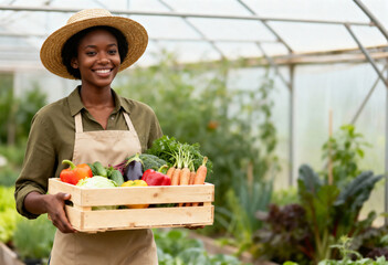 Smiling black female farmer holding a crate of fresh organic vegetables in a greenhouse. Happy young gardener with a local harvest. Healthy food and agriculture concept with copy space