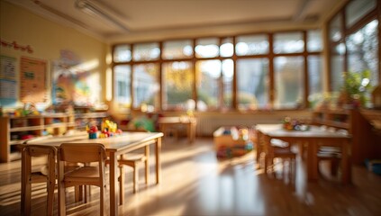 Sunny classroom with small tables, chairs, and shelves filled with toys