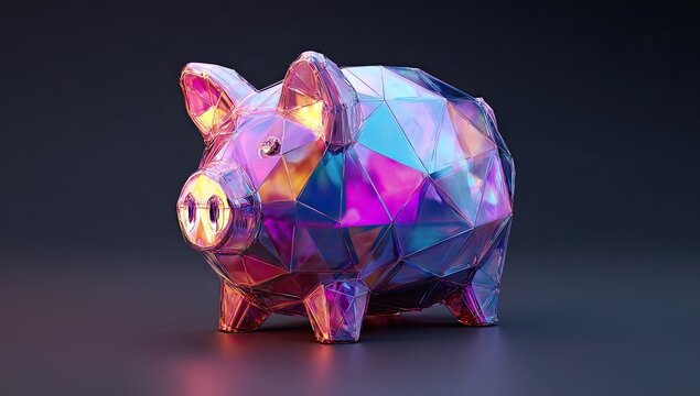 A faceted, translucent, iridescent piggy bank reflects colorful light - Powered by Adobe