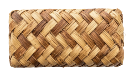 Close-up of a rectangular woven basket made of natural brown and beige fibers.