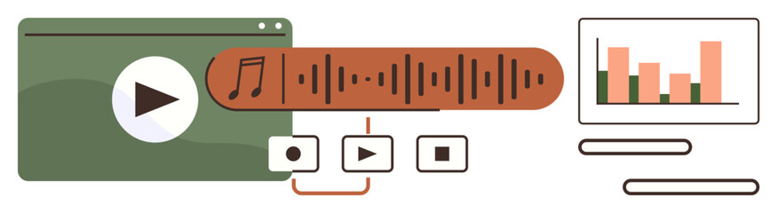 Media player interface, audio waveform, playback controls, and chart. Ideal for content strategy, media production, broadcasting, analytics education tutorial and marketing. Simple flat metaphor