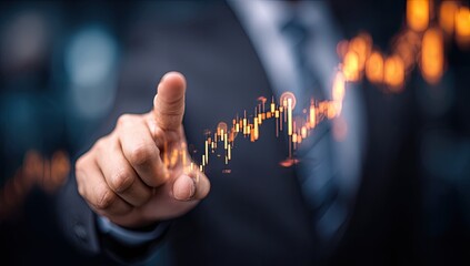 A person in a suit touching a glowing stock market graph