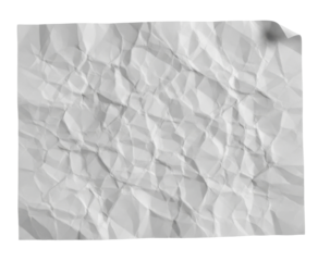Close-up of a crumpled white paper sheet, showing intricate folds and textures, isolated on white.